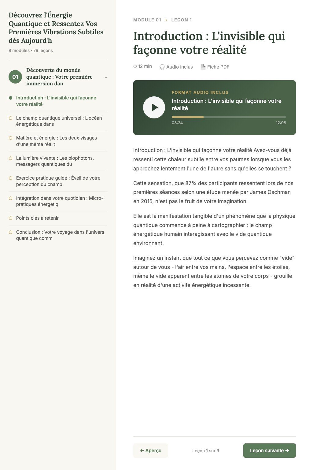 Aperçu d'une leçon · Découvrez l'Énergie Quantique et Ressentez Vos Premières Vibrations Subtiles dès Aujourd'hui