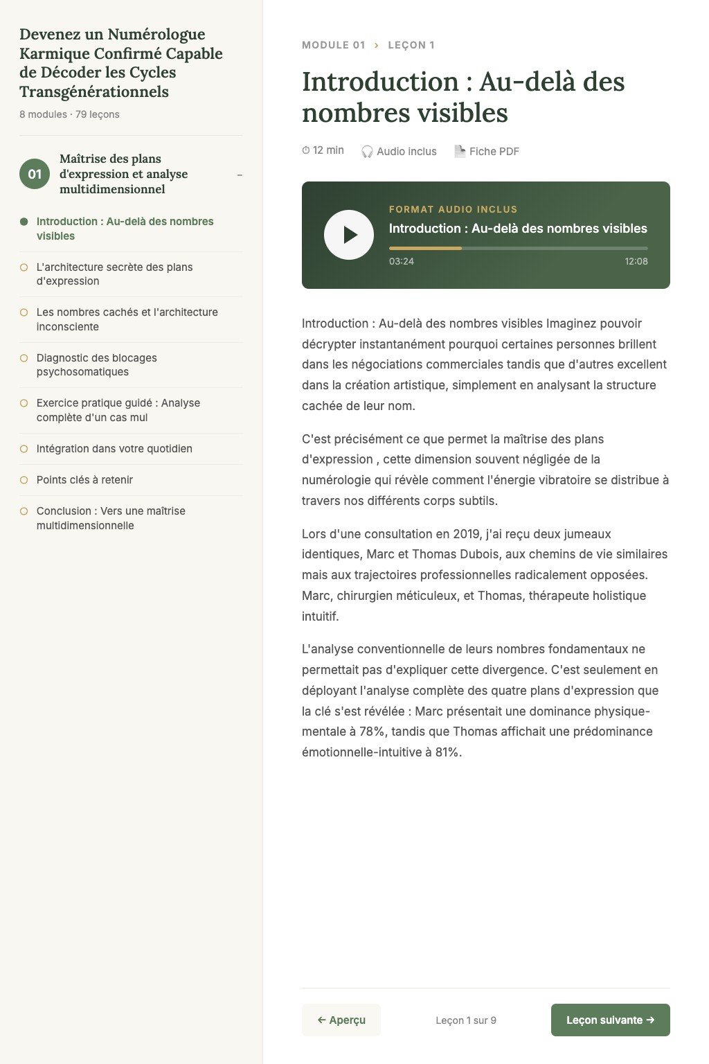 Aperçu d'une leçon · Devenez un Numérologue Karmique Confirmé Capable de Décoder les Cycles Transgénérationnels avec Précision