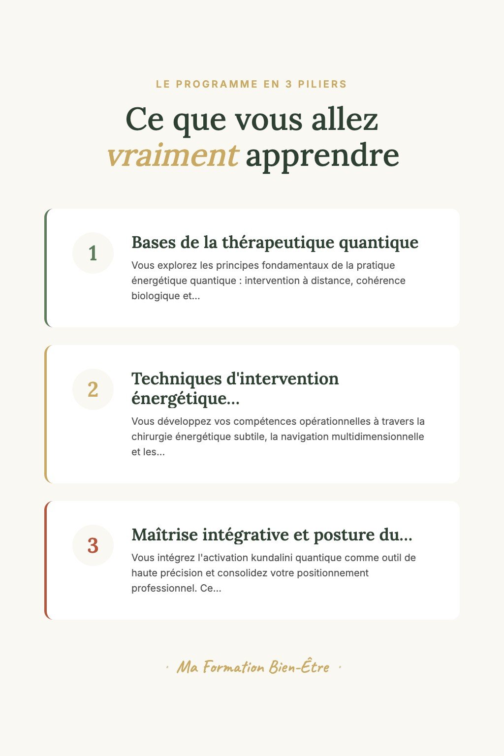 Les 3 piliers du programme · Devenez un Praticien Quantique Confirmé Capable de Restructurer les Champs Énergétiques avec Précision Multidimensionnelle