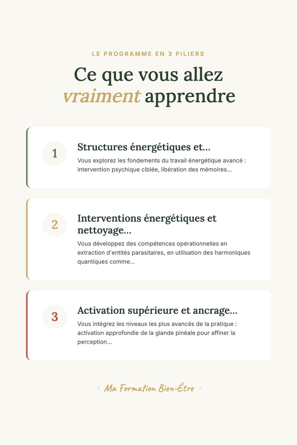 Les 3 piliers du programme · Devenez un Praticien Énergétique Confirmé Capable de Transmuter les Entités Parasitaires avec Précision