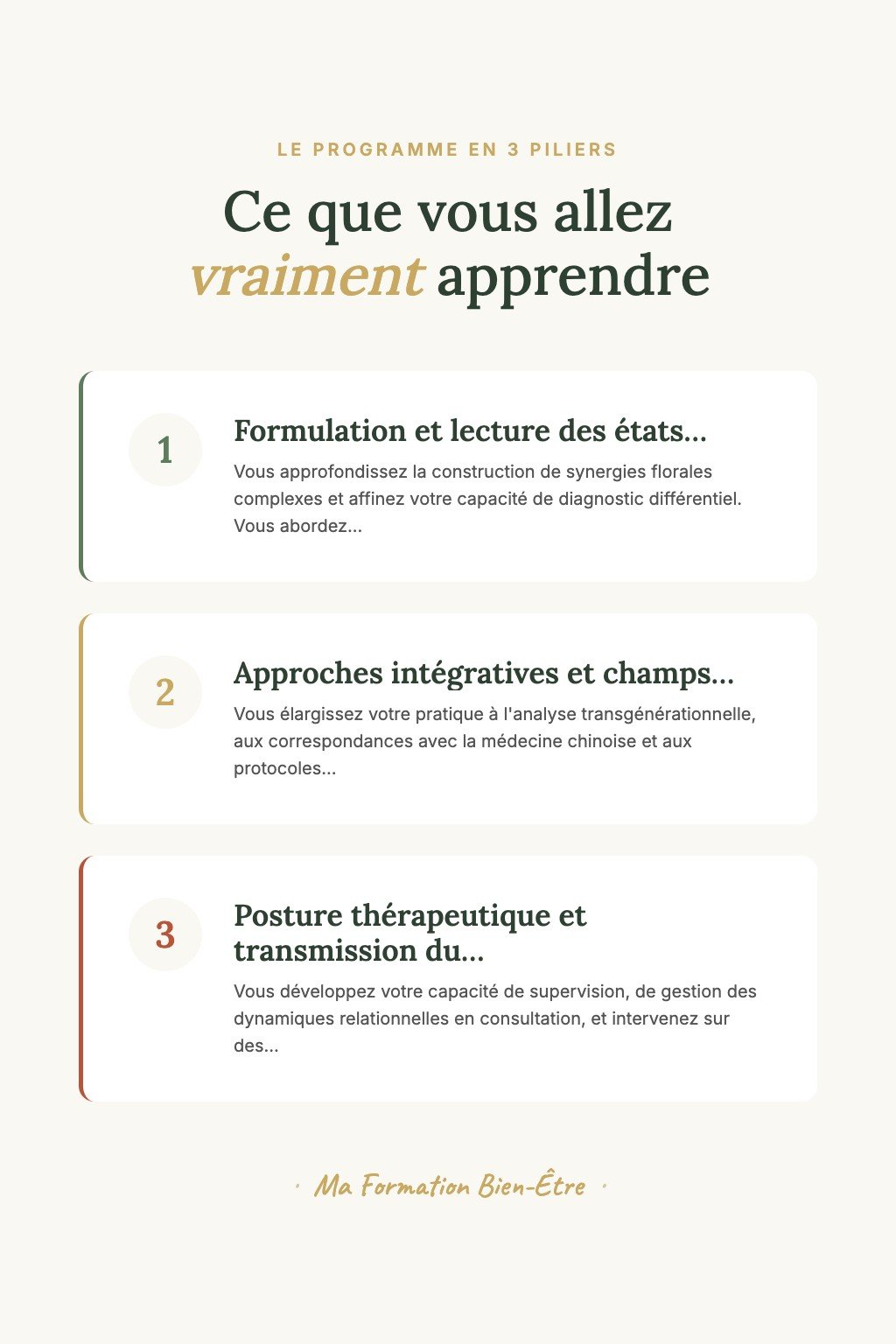 Les 3 piliers du programme · Devenez un Conseiller en Fleurs de Bach Confirmé Capable de Créer des Synergies Thérapeutiques Personnalisées avec Expertise
