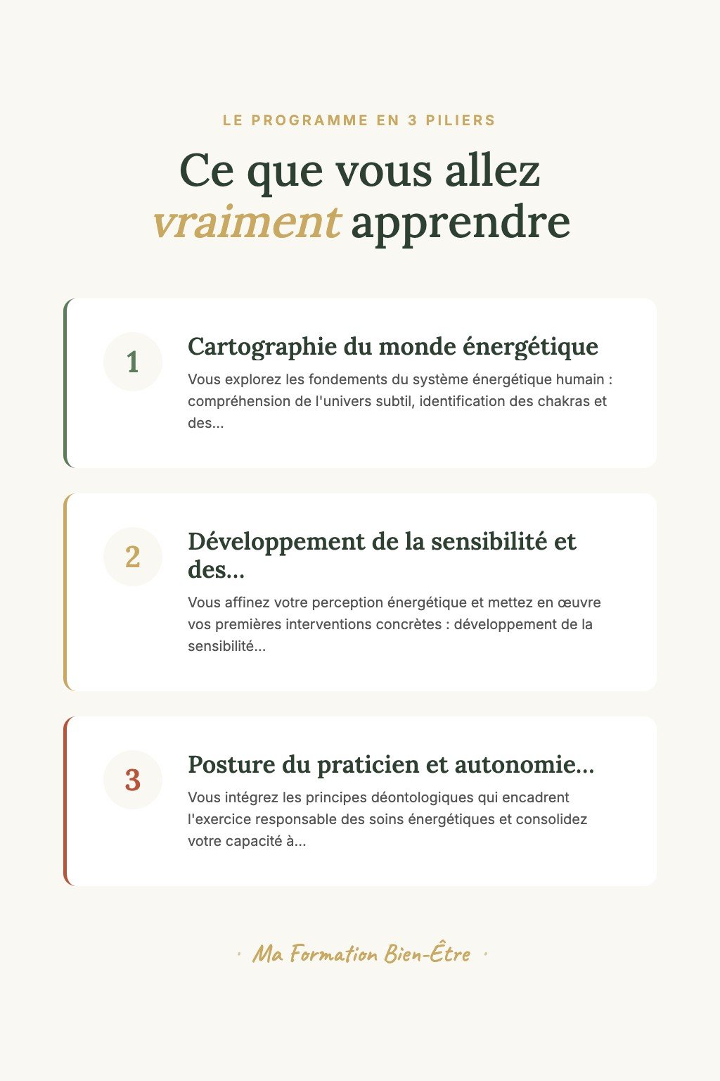 Les 3 piliers du programme · Découvrez les Soins Énergétiques et Ressentez l'Énergie entre Vos Mains dès Votre Première Séance