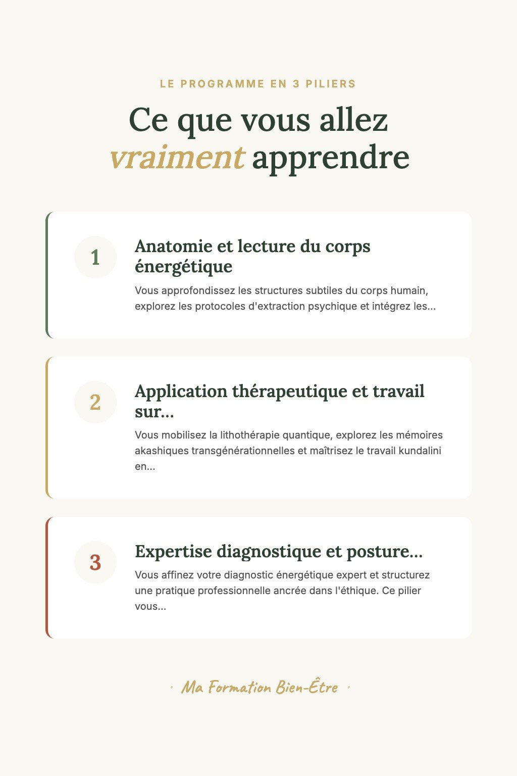 Les 3 piliers du programme · Devenez un Praticien Énergétique Confirmé Capable de Traiter les Pathologies Chroniques avec Précision Multidimensionnelle