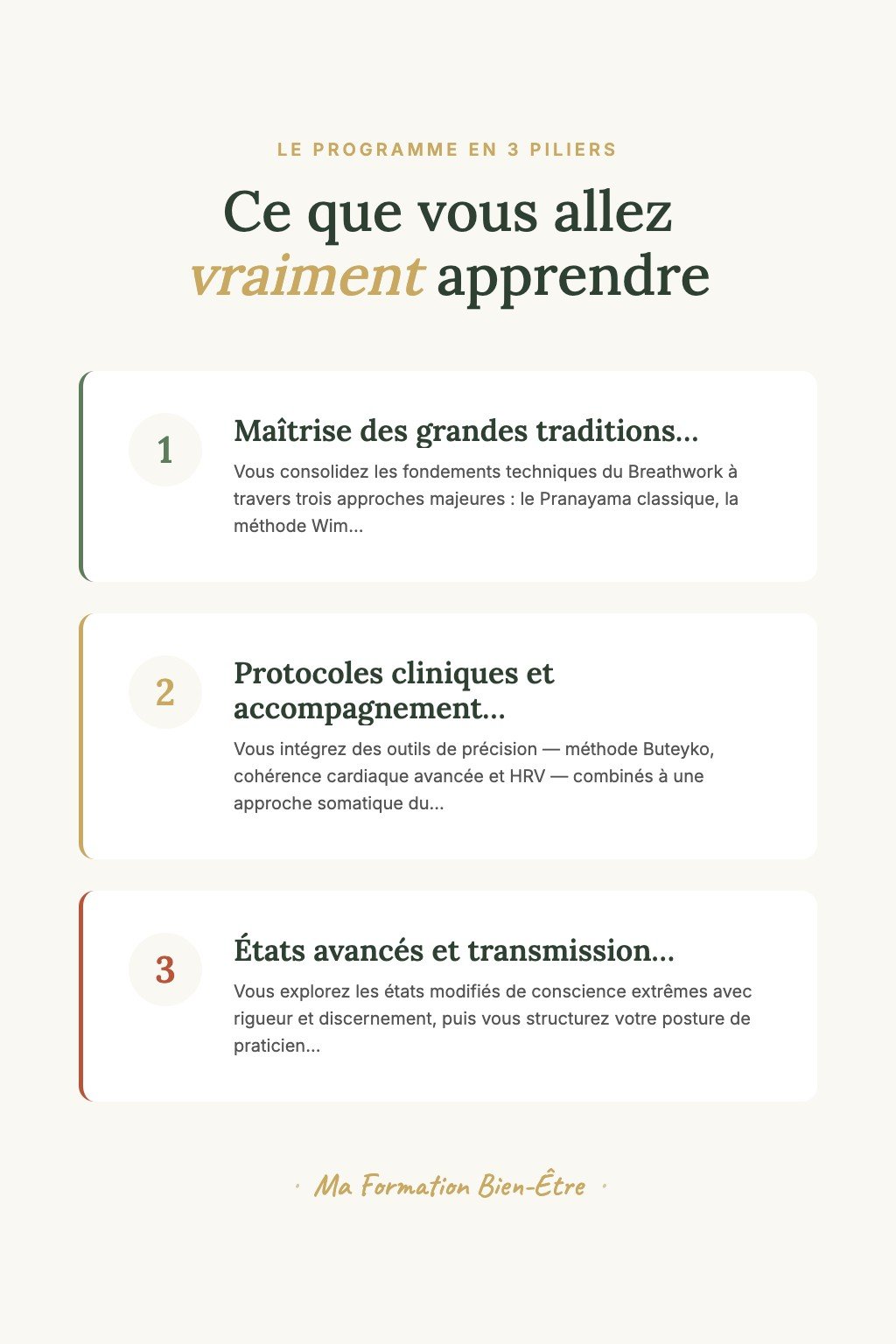 Les 3 piliers du programme · Devenez un Praticien Breathwork Confirmé Capable de Guider des Libérations Émotionnelles Profondes avec Expertise