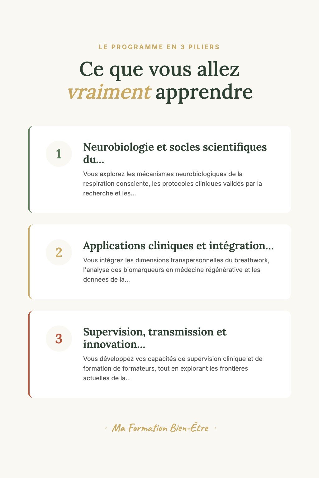 Les 3 piliers du programme · Maîtrisez l'Art du Breathwork Clinique et Formez les Praticiens d'Excellence de Demain