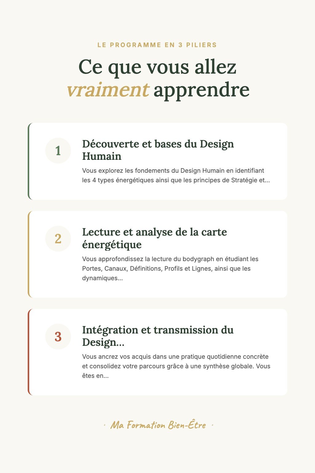 Les 3 piliers du programme · Découvrez le Design Humain et Prenez Vos Premières Décisions Alignées avec Votre Énergie Unique