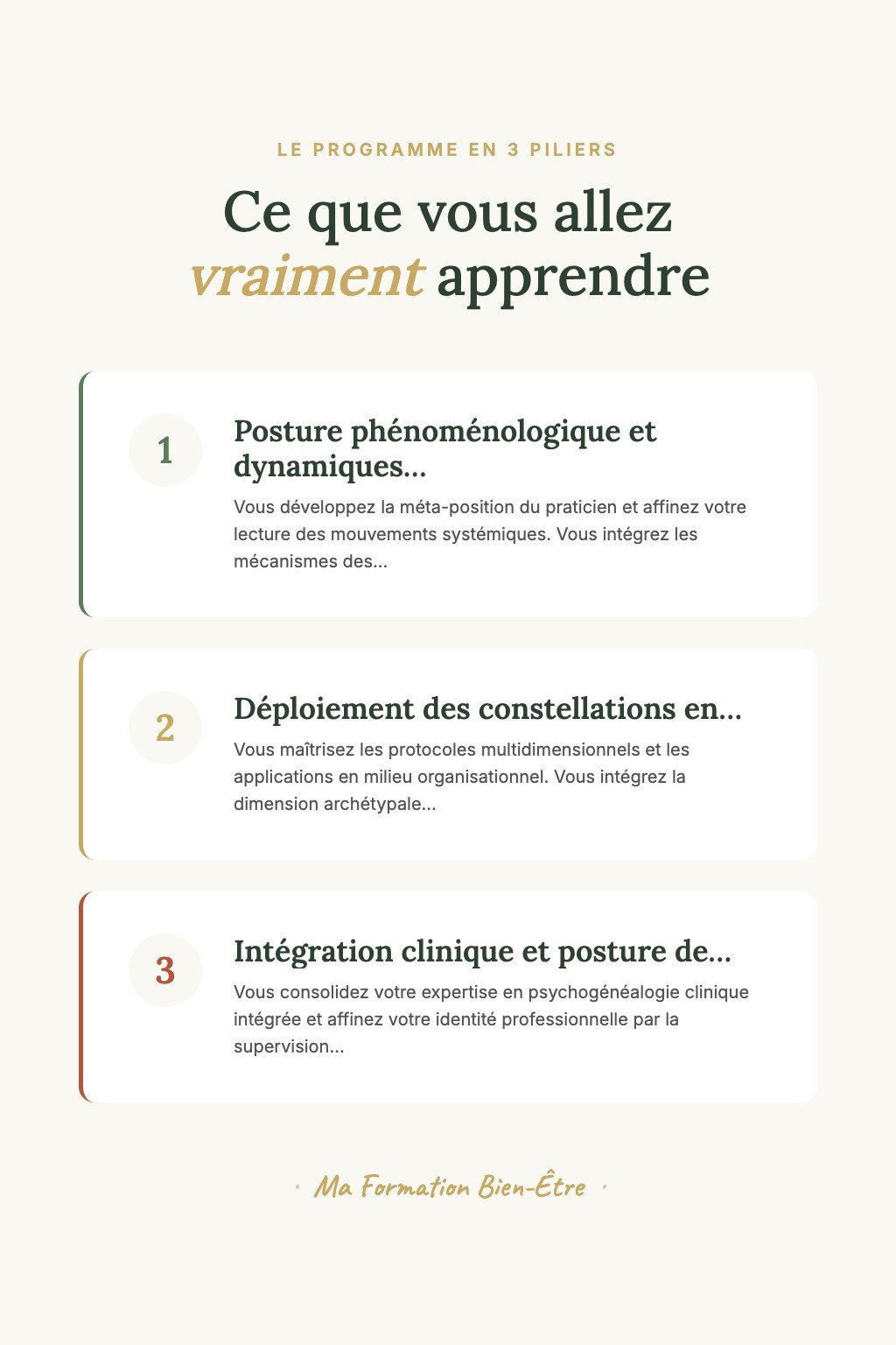 Les 3 piliers du programme · Devenez un Constellateur Systémique Confirmé Capable de Libérer les Traumatismes Transgénérationnels avec Expertise