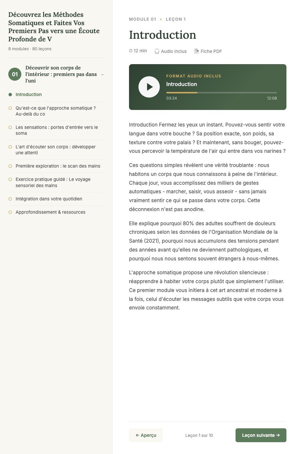 Aperçu d'une leçon · Découvrez les Méthodes Somatiques et Faites Vos Premiers Pas vers une Écoute Profonde de Votre Corps