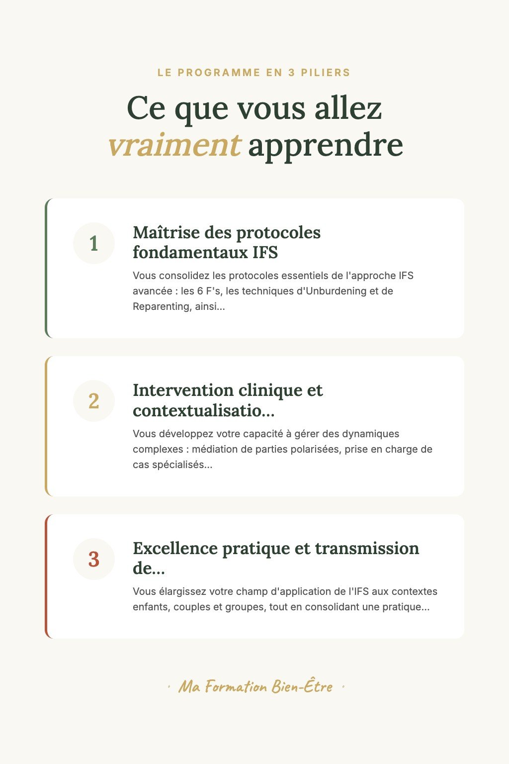 Les 3 piliers du programme · Devenez un Thérapeute IFS Confirmé Capable de Libérer les Parties Exilées et Traumatisées avec Expertise