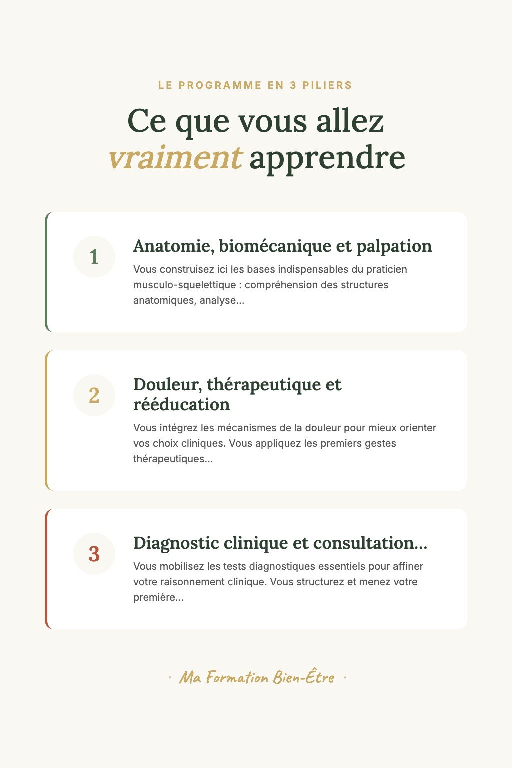 Les 3 piliers du programme · Découvrez la Thérapie Manuelle et Soulagez Vos Premières Douleurs Musculo-Squelettiques avec Confiance