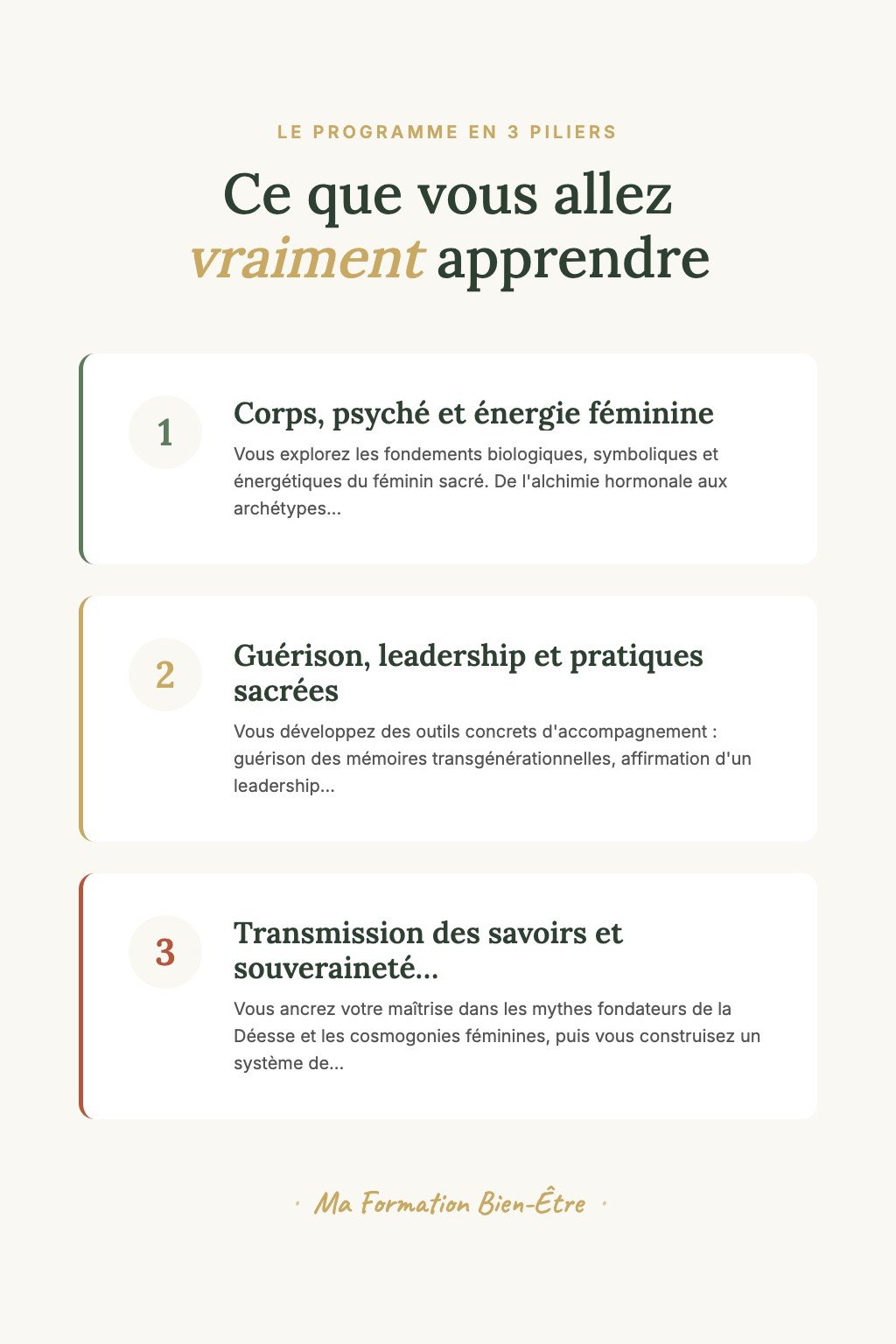 Les 3 piliers du programme · Devenez une Prêtresse du Féminin Sacré Capable d'Orchestrer des Cercles de Femmes Transformateurs avec Maîtrise