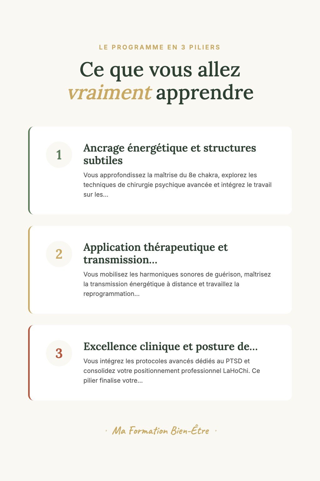Les 3 piliers du programme · Devenez un Praticien LaHoChi Confirmé Capable d'Activer le 8e Chakra et Guérir les Traumatismes Profonds