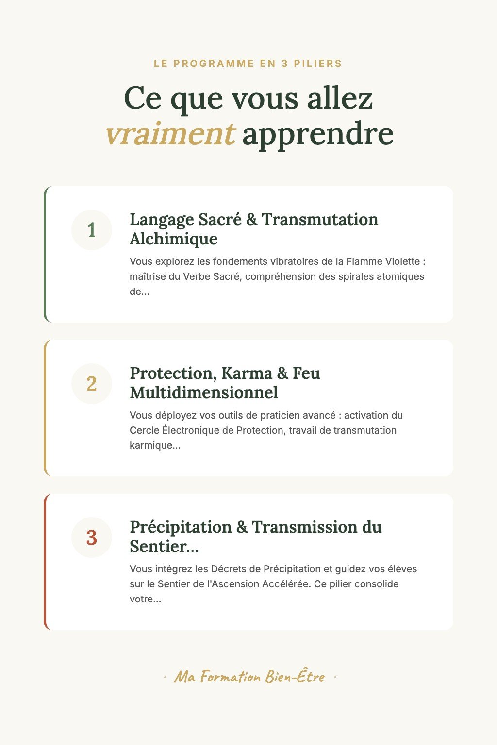 Les 3 piliers du programme · Devenez un Praticien Flamme Violette Confirmé Capable d'Initier des Groupes et de Transmuter les Blocages Karmiques Ancestraux