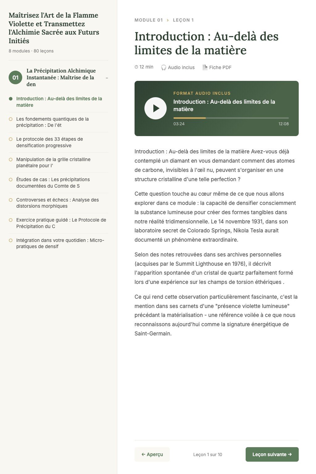 Aperçu d'une leçon · Maîtrisez l'Art de la Flamme Violette et Transmettez l'Alchimie Sacrée aux Futurs Initiés