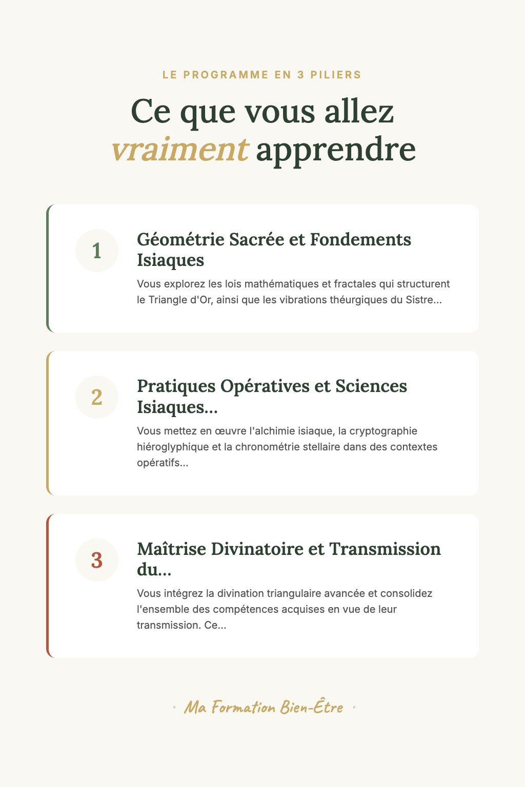 Les 3 piliers du programme · Devenez une Prêtresse Isiaque Confirmée Capable de Canaliser les Codes de Lumière avec Puissance