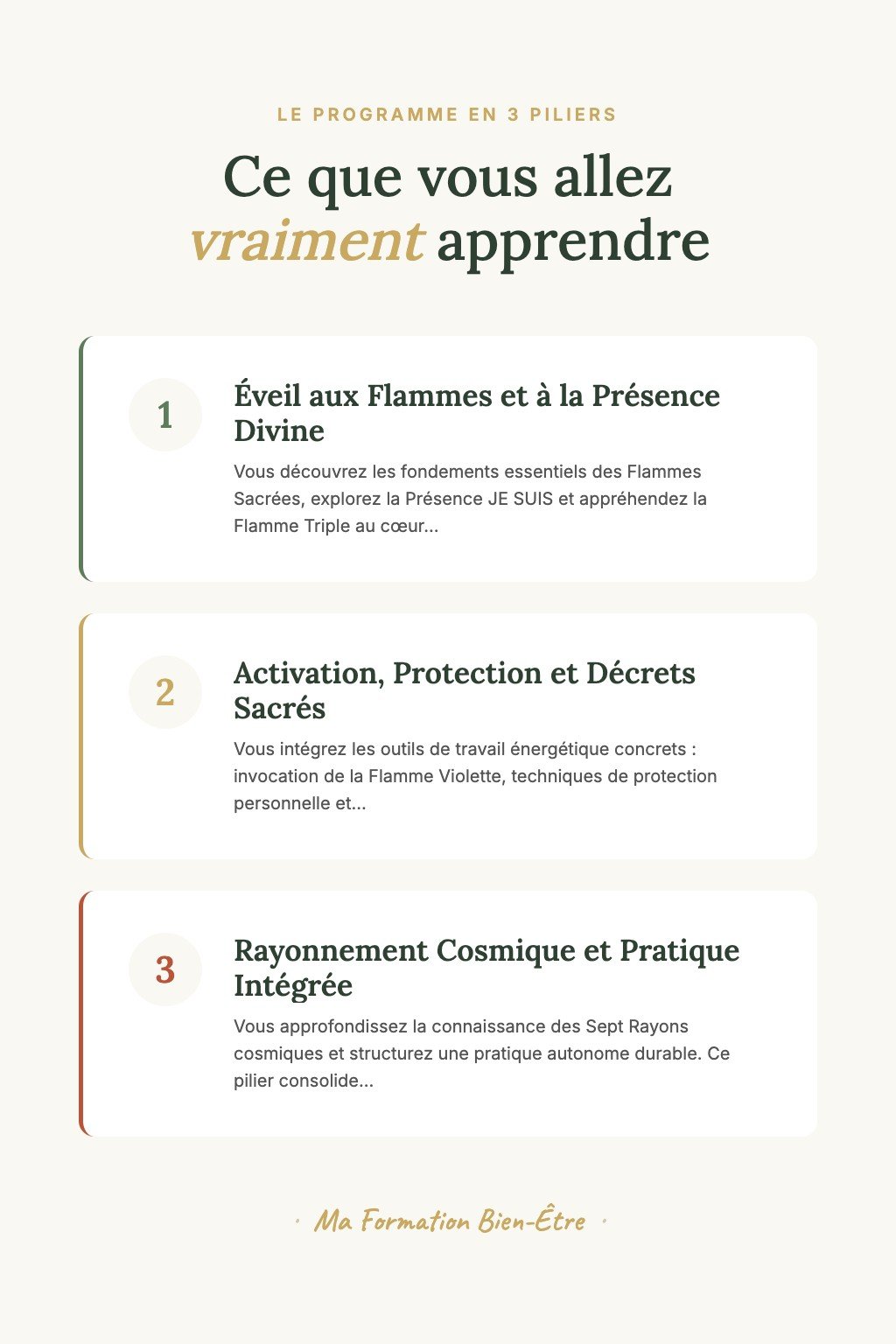 Les 3 piliers du programme · Découvrez les 7 Flammes Sacrées et Éveillez Votre Première Connexion à l'Énergie Divine