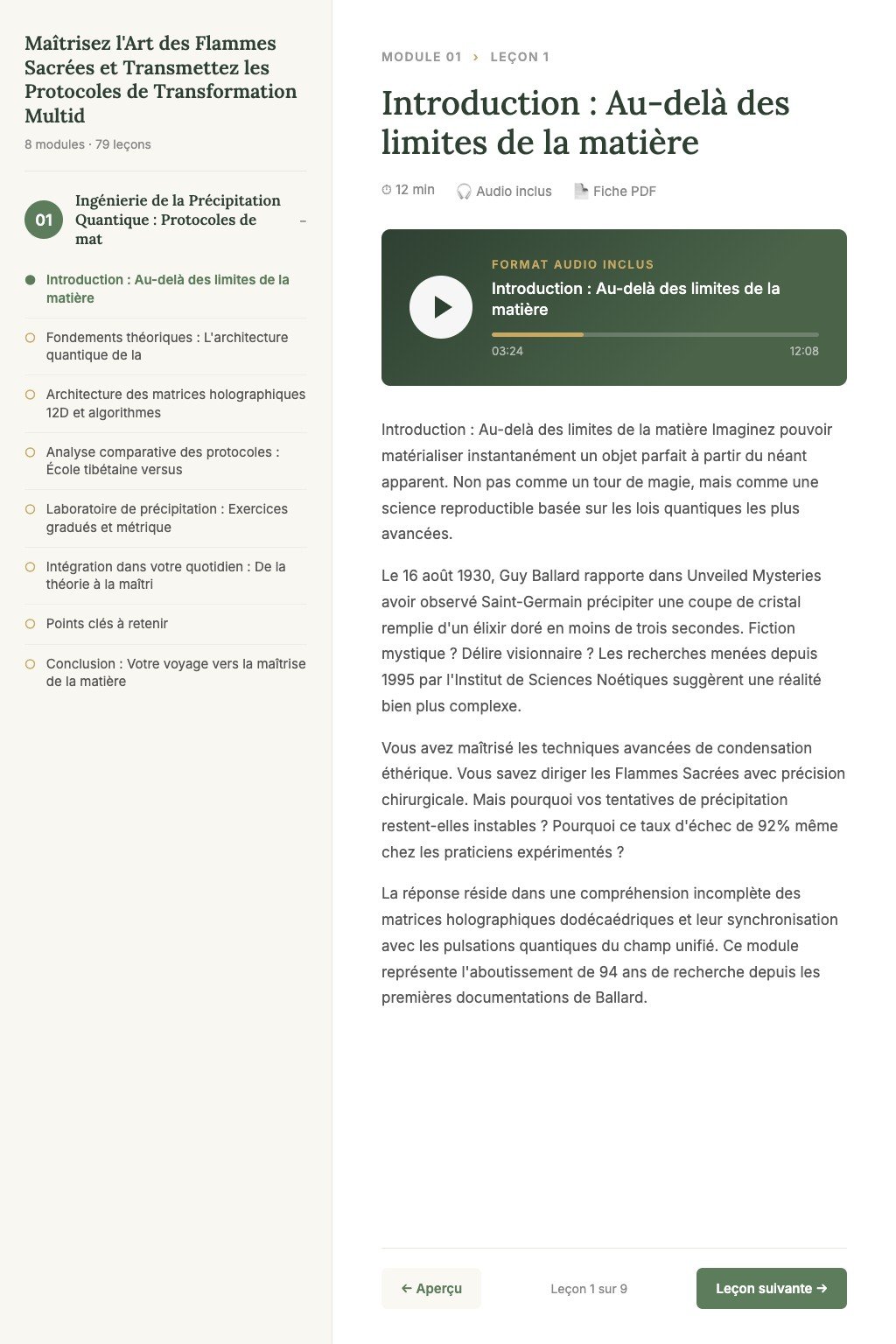 Aperçu d'une leçon · Maîtrisez l'Art des Flammes Sacrées et Transmettez les Protocoles de Transformation Multidimensionnelle