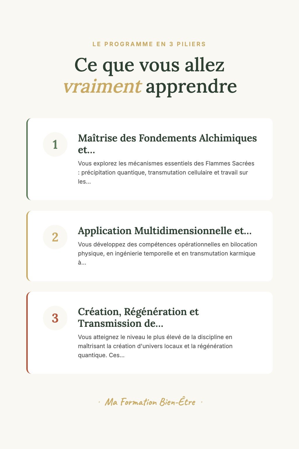 Les 3 piliers du programme · Maîtrisez l'Art des Flammes Sacrées et Transmettez les Protocoles de Transformation Multidimensionnelle