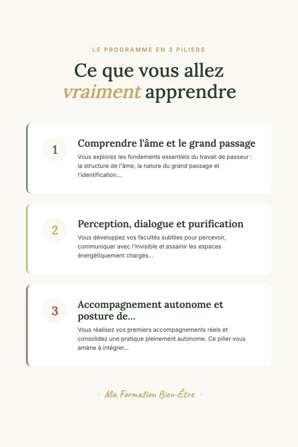 Les 3 piliers du programme · Découvrez le Passage d'Âmes et Réalisez Votre Premier Accompagnement vers la Lumière en Toute Sécurité