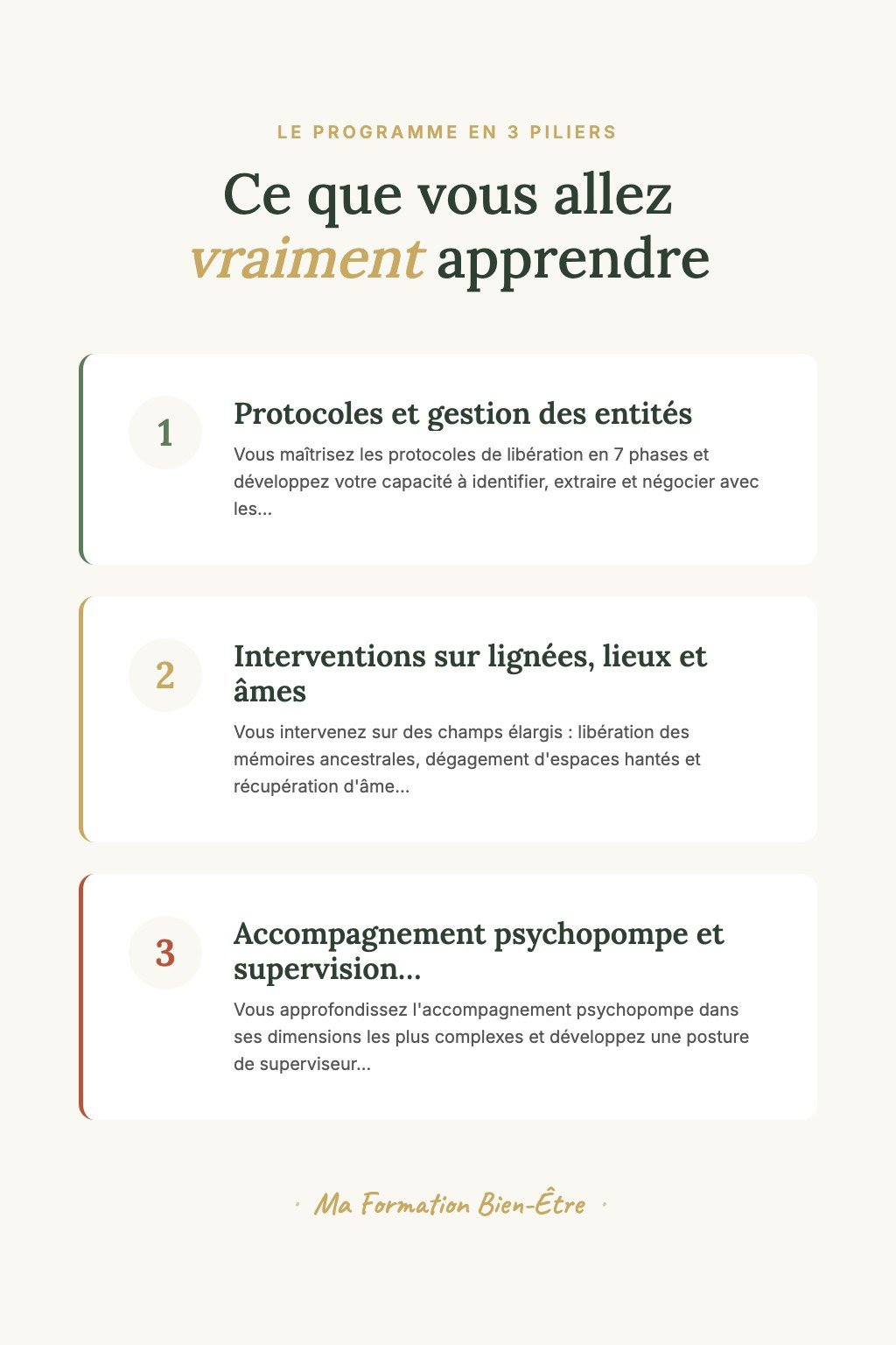 Les 3 piliers du programme · Devenez un Passeur d'Âmes Confirmé Capable de Libérer les Entités Résistantes avec Maîtrise et Sérénité