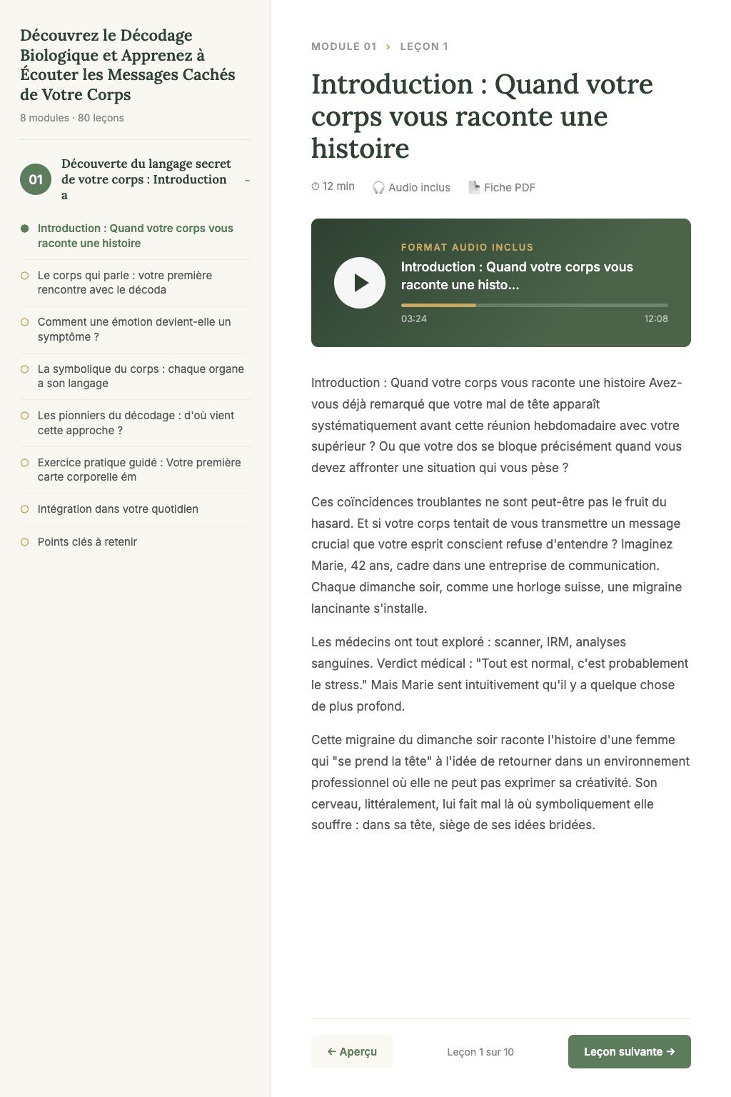 Aperçu d'une leçon · Découvrez le Décodage Biologique et Apprenez à Écouter les Messages Cachés de Votre Corps