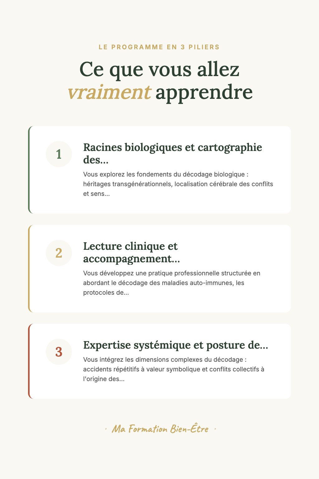 Les 3 piliers du programme · Devenez un Praticien en Décodage Biologique Confirmé Capable de Décrypter les Pathologies Complexes avec Précision Transgénérationnelle