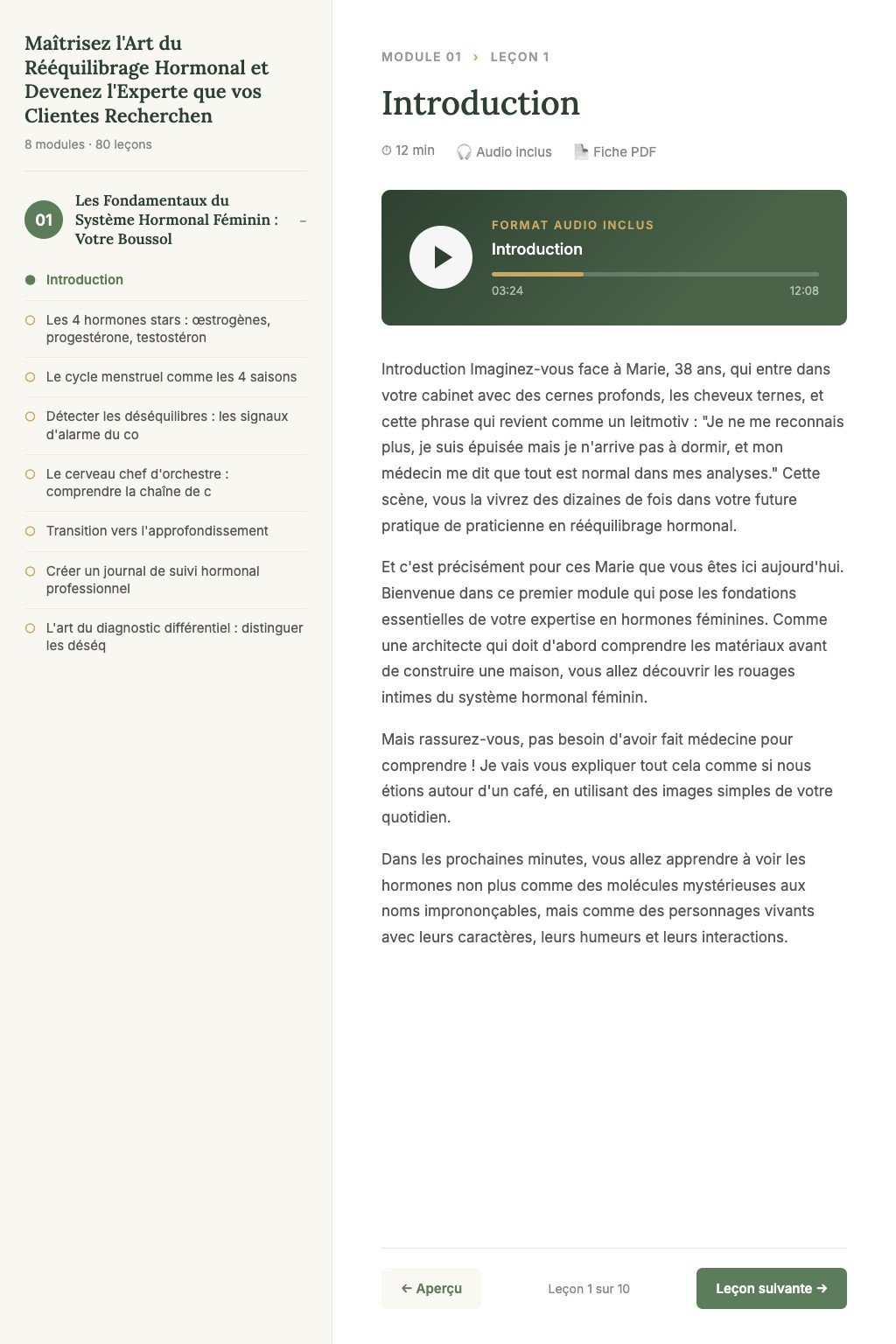 Aperçu d'une leçon · Maîtrisez l'Art du Rééquilibrage Hormonal et Devenez l'Experte que vos Clientes Recherchent