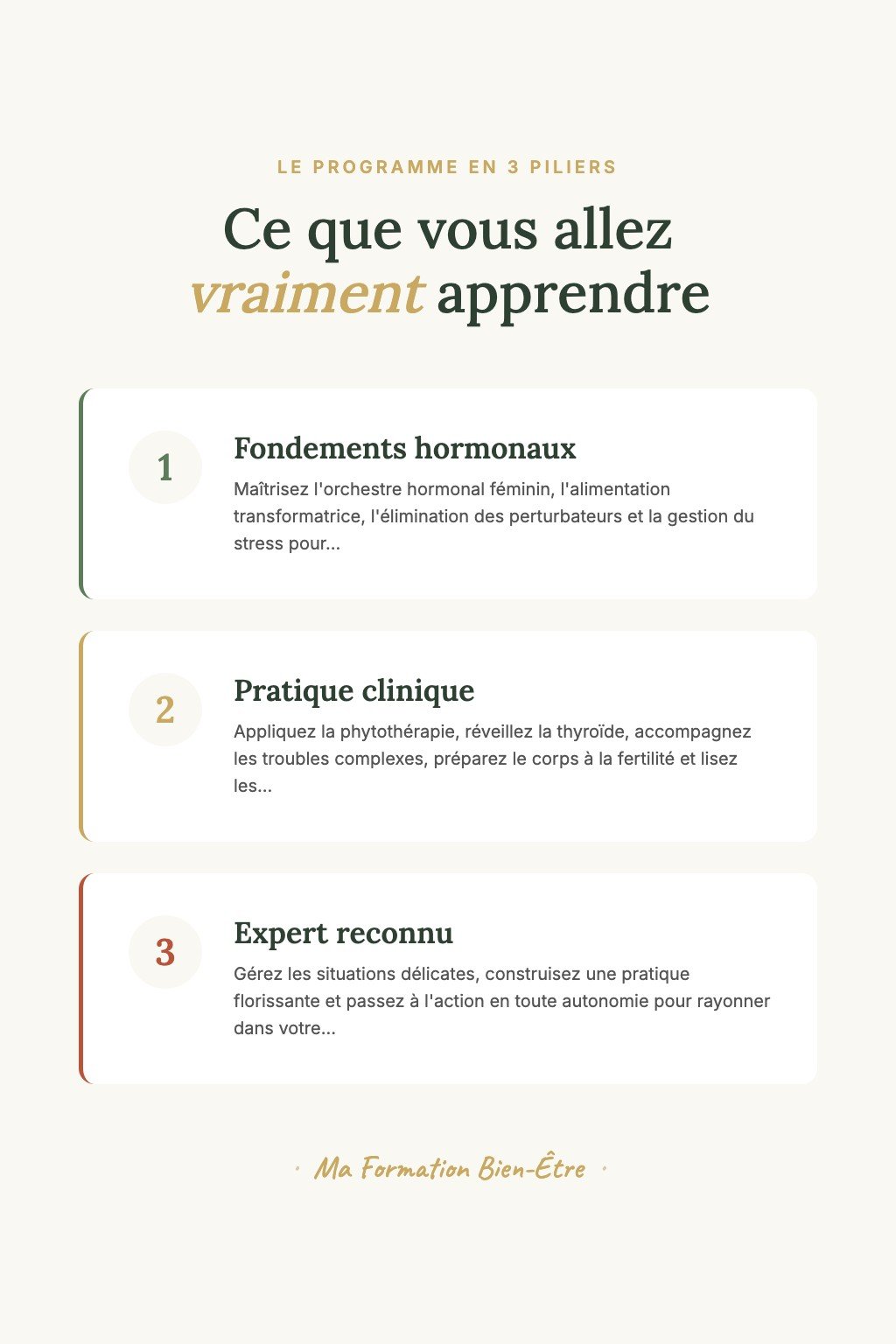 Les 3 piliers du programme · Maîtrisez l'Art du Rééquilibrage Hormonal et Devenez l'Experte que vos Clientes Recherchent