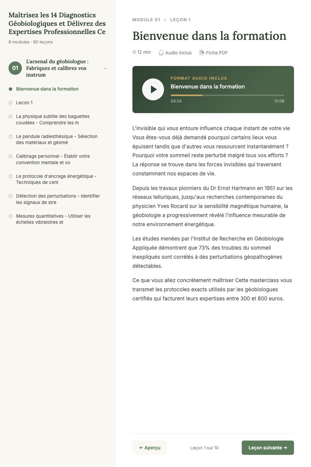Aperçu d'une leçon · Maîtrisez les 14 Diagnostics Géobiologiques et Délivrez des Expertises Professionnelles Certifiées
