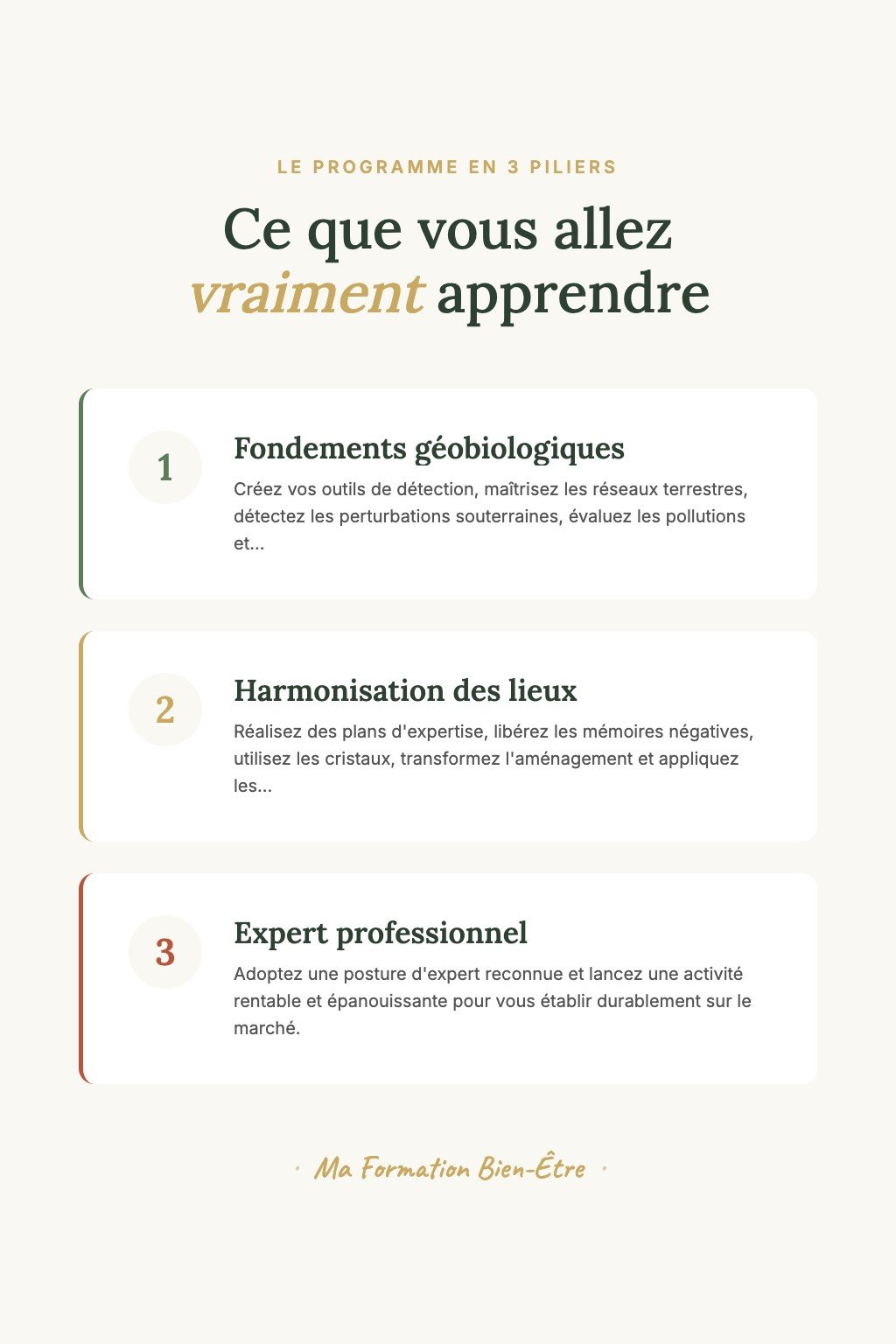 Les 3 piliers du programme · Maîtrisez les 14 Diagnostics Géobiologiques et Délivrez des Expertises Professionnelles Certifiées