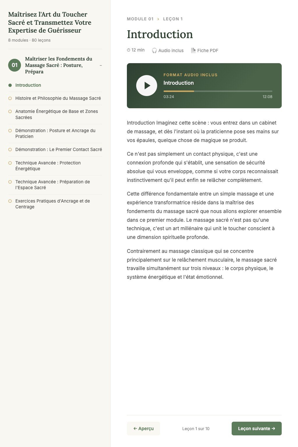 Aperçu d'une leçon · Maîtrisez l'Art du Toucher Sacré et Transmettez Votre Expertise de Guérisseur