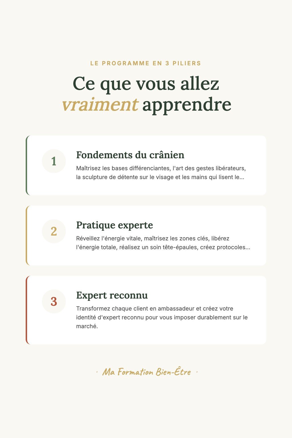 Les 3 piliers du programme · Maîtrisez les 32 Points Crâniens et Devenez le Praticien que Vos Clients Recommandent
