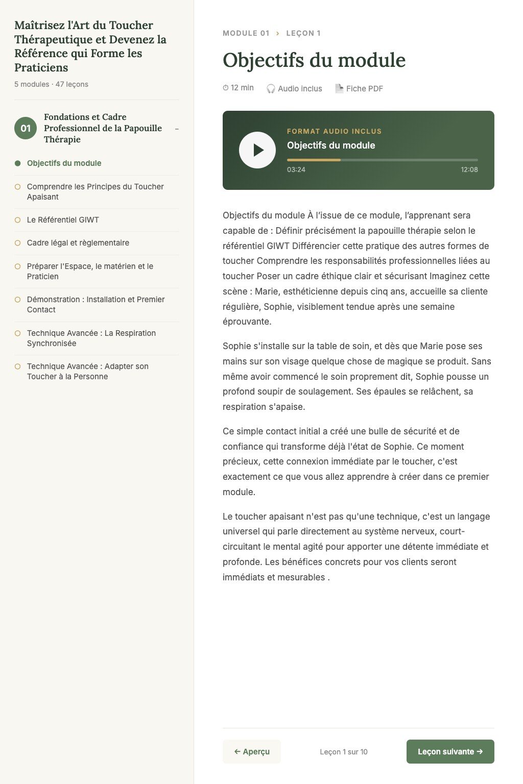 Aperçu d'une leçon · Maîtrisez l'Art du Toucher Thérapeutique et Devenez la Référence qui Forme les Praticiens