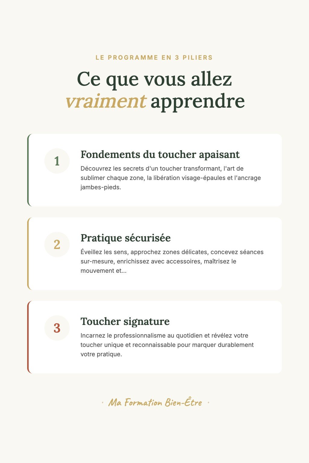 Les 3 piliers du programme · Maîtrisez l'Art du Toucher Thérapeutique et Devenez la Référence qui Forme les Praticiens