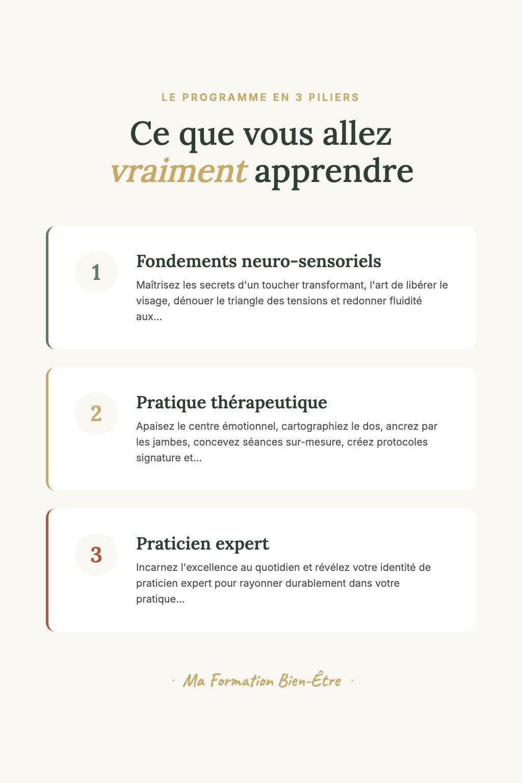 Les 3 piliers du programme · Maîtrisez l'Apaisement Neuro-Sensoriel et Devenez la Référence du Toucher Thérapeutique