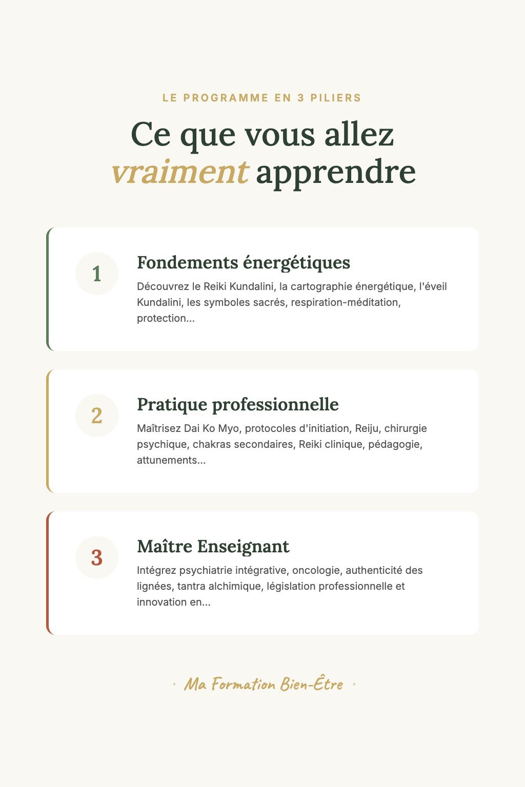 Les 3 piliers du programme · Reiki Kundalini : Formation Intégrale de Maître Enseignant