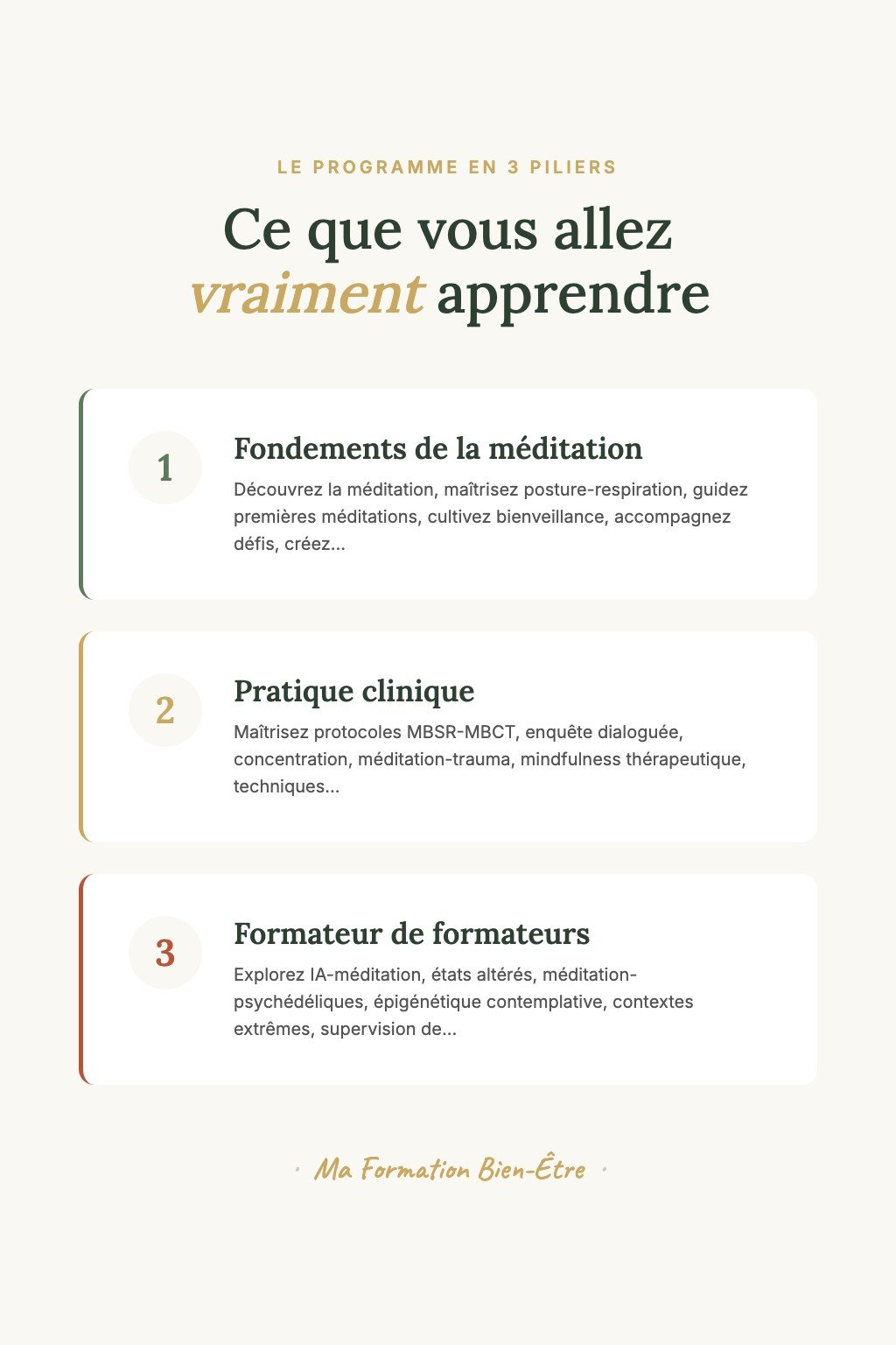 Les 3 piliers du programme · Enseignant Certifié en Méditation : De la Pratique Personnelle à la Formation de Formateurs