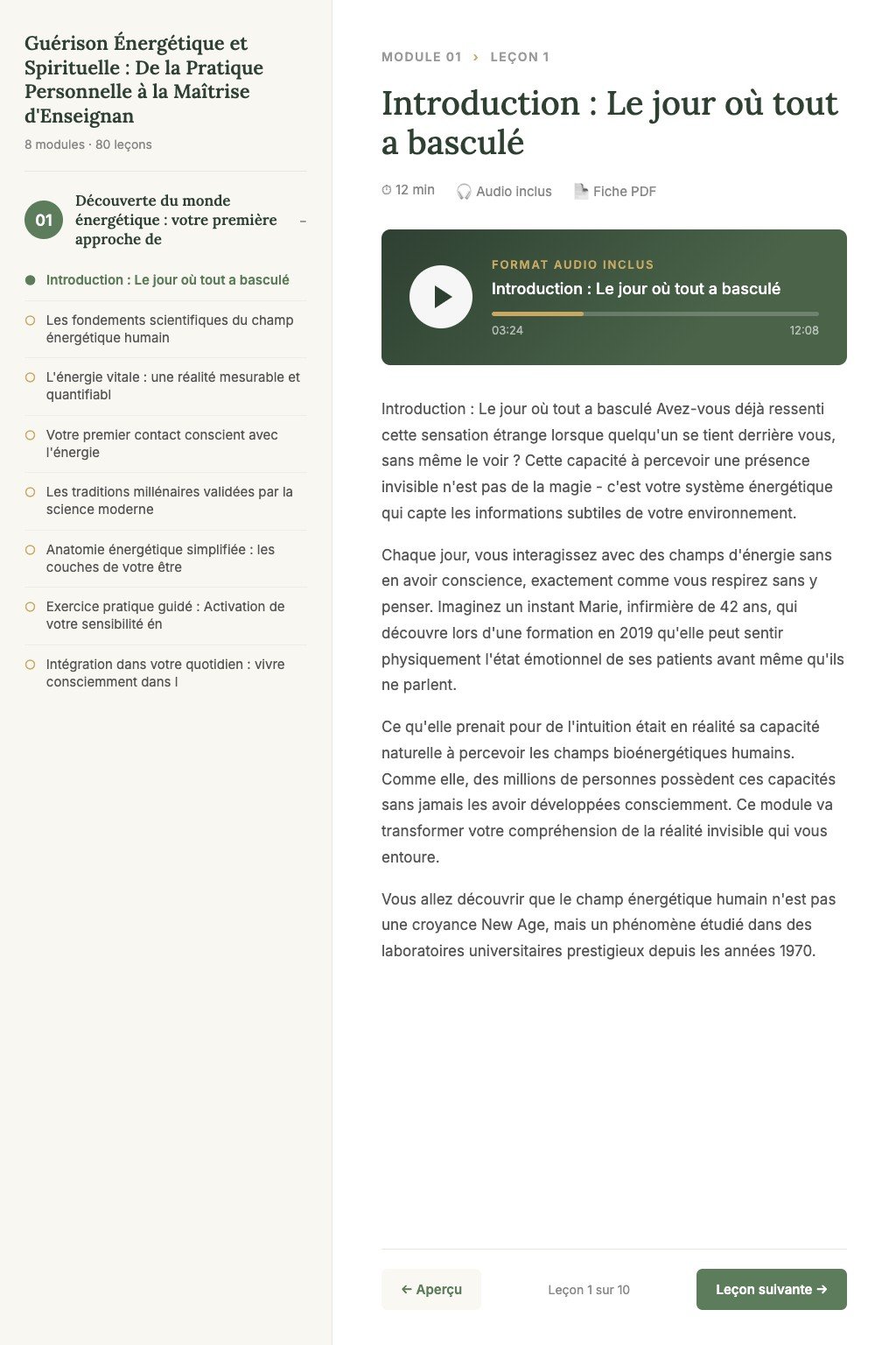 Aperçu d'une leçon · Guérison Énergétique et Spirituelle : De la Pratique Personnelle à la Maîtrise d'Enseignant