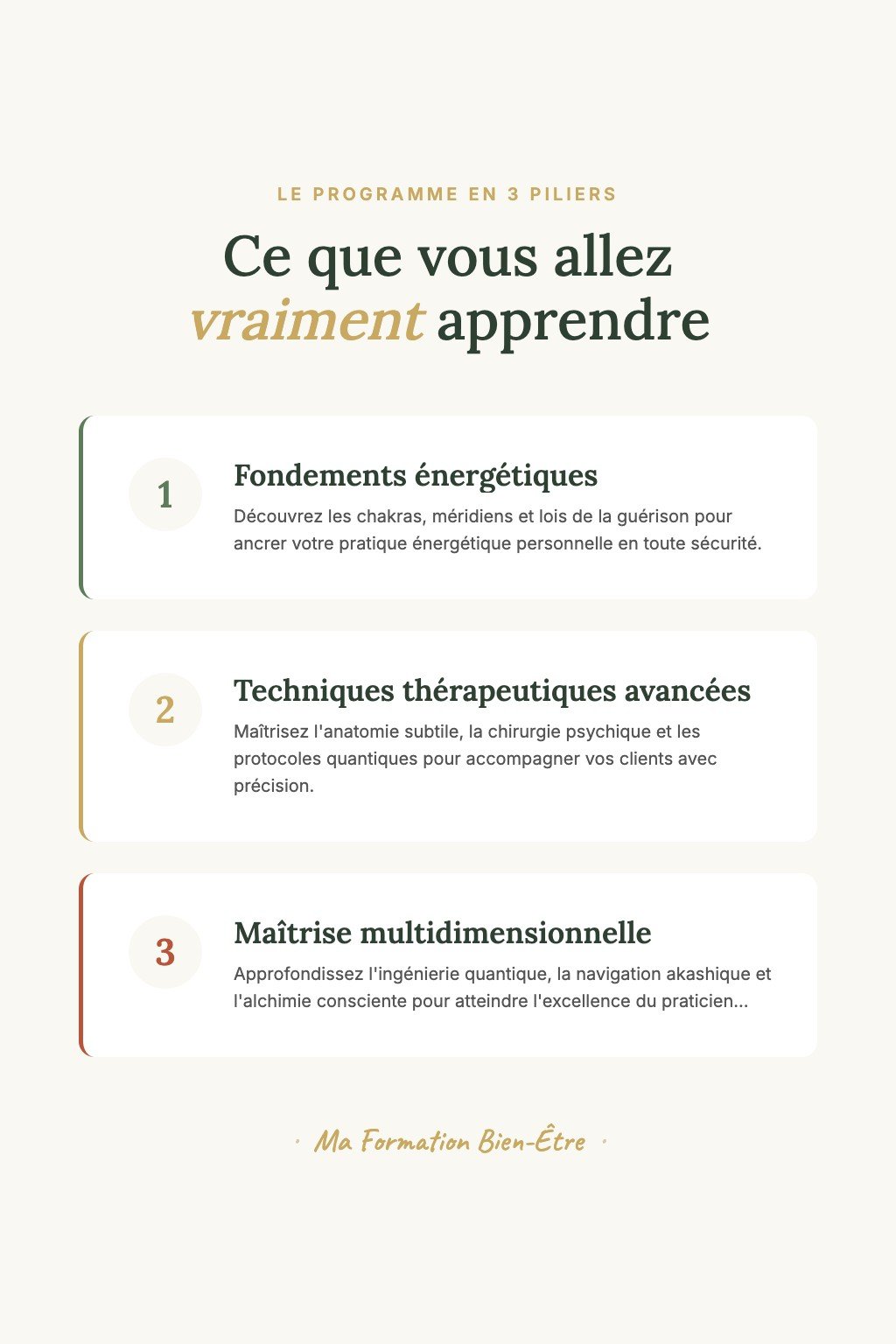 Les 3 piliers du programme · Guérison Énergétique et Spirituelle : De la Pratique Personnelle à la Maîtrise d'Enseignant