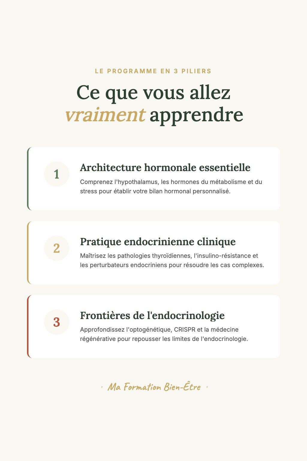 Les 3 piliers du programme · Maîtrisez le Système Hormonal : De la Compréhension Personnelle à l'Expertise Clinique