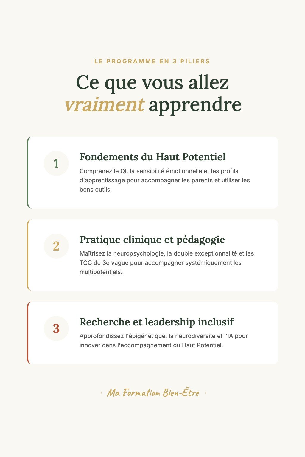 Les 3 piliers du programme · Accompagnement des HPI : De la Compréhension à la Supervision Experte