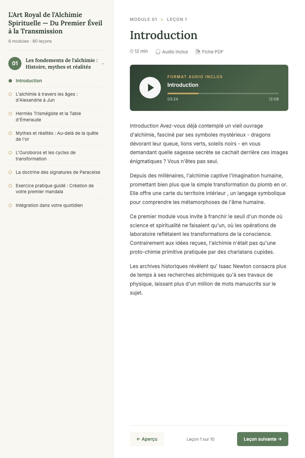 Aperçu d'une leçon · L'Art Royal de l'Alchimie Spirituelle — Du Premier Éveil à la Transmission