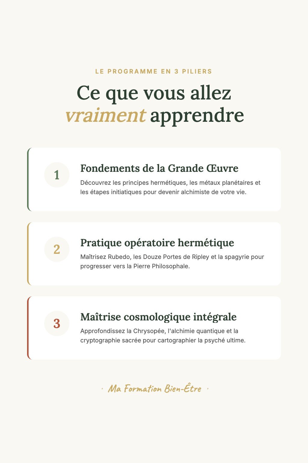 Les 3 piliers du programme · L'Art Royal de l'Alchimie Spirituelle — Du Premier Éveil à la Transmission