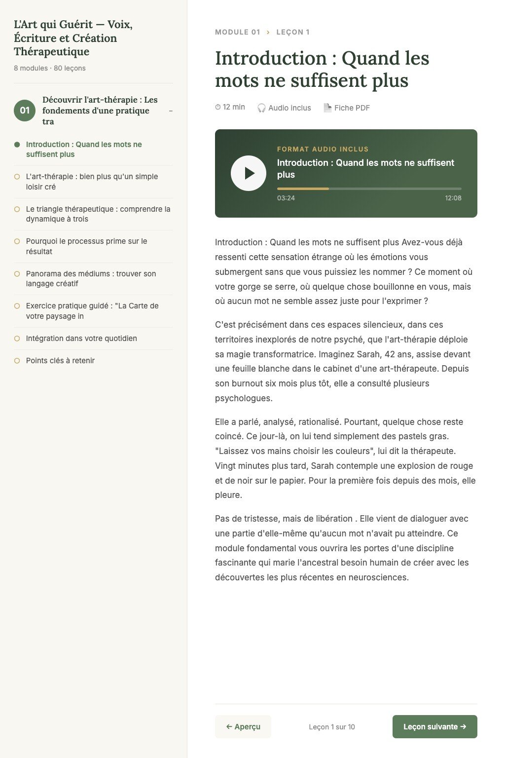 Aperçu d'une leçon · L'Art qui Guérit — Voix, Écriture et Création Thérapeutique