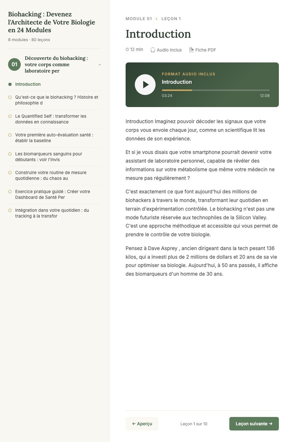 Aperçu d'une leçon · Biohacking : Devenez l'Architecte de Votre Biologie en 24 Modules