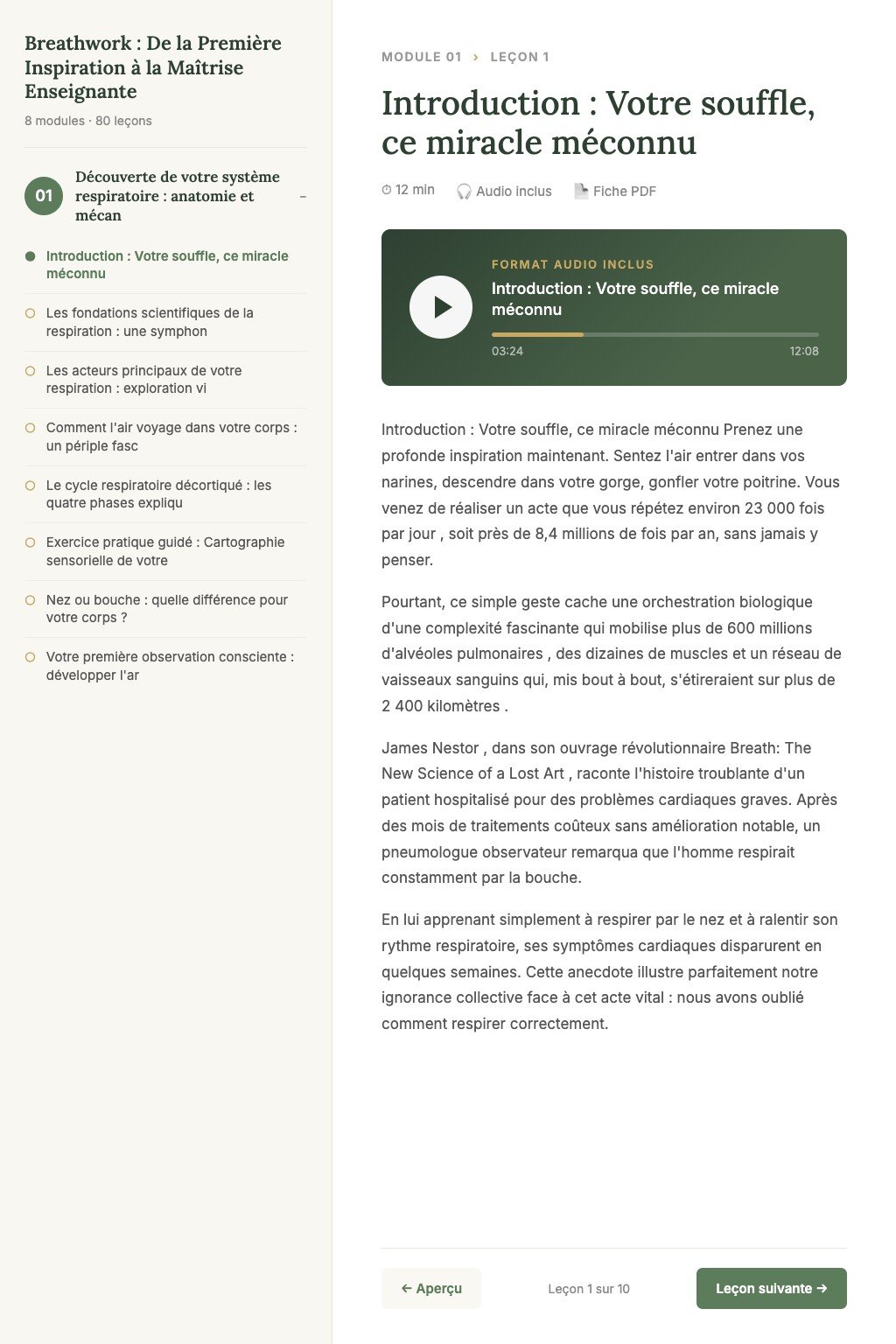 Aperçu d'une leçon · Breathwork : De la Première Inspiration à la Maîtrise Enseignante