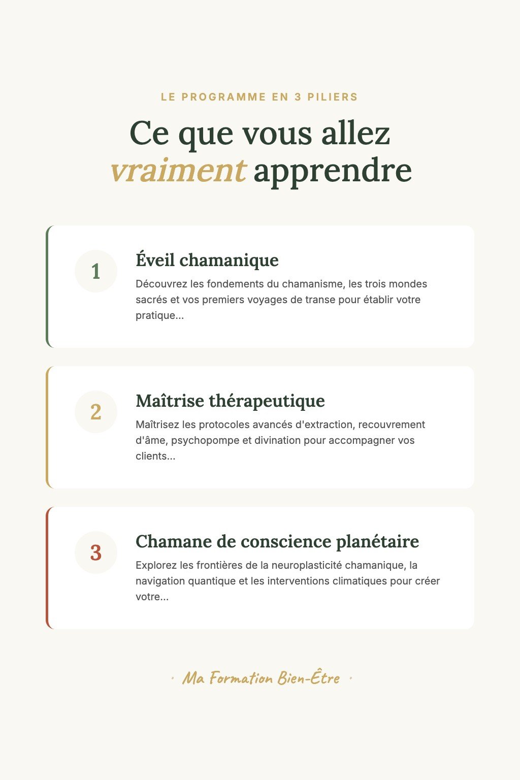 Les 3 piliers du programme · La Voie du Chamane — De l'Éveil à la Transmission en 24 Initiations