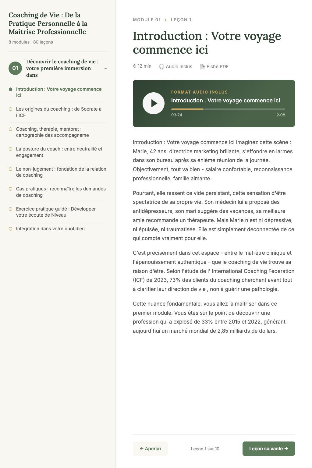 Aperçu d'une leçon · Coaching de Vie : De la Pratique Personnelle à la Maîtrise Professionnelle