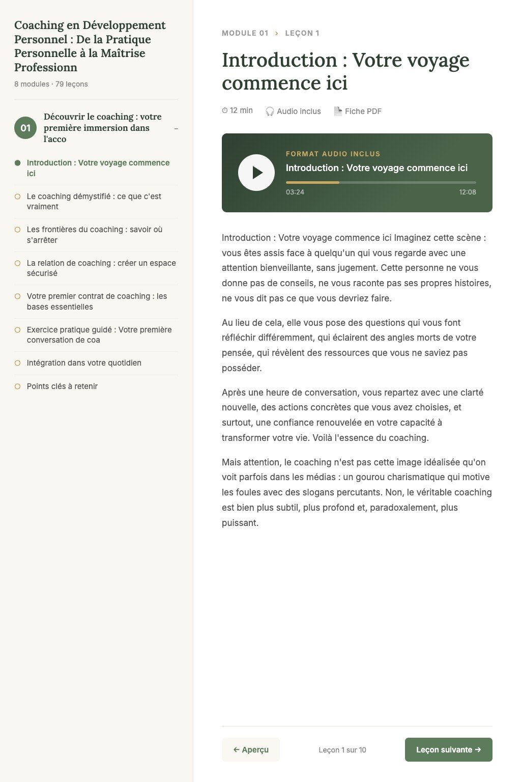 Aperçu d'une leçon · Coaching en Développement Personnel : De la Pratique Personnelle à la Maîtrise Professionnelle