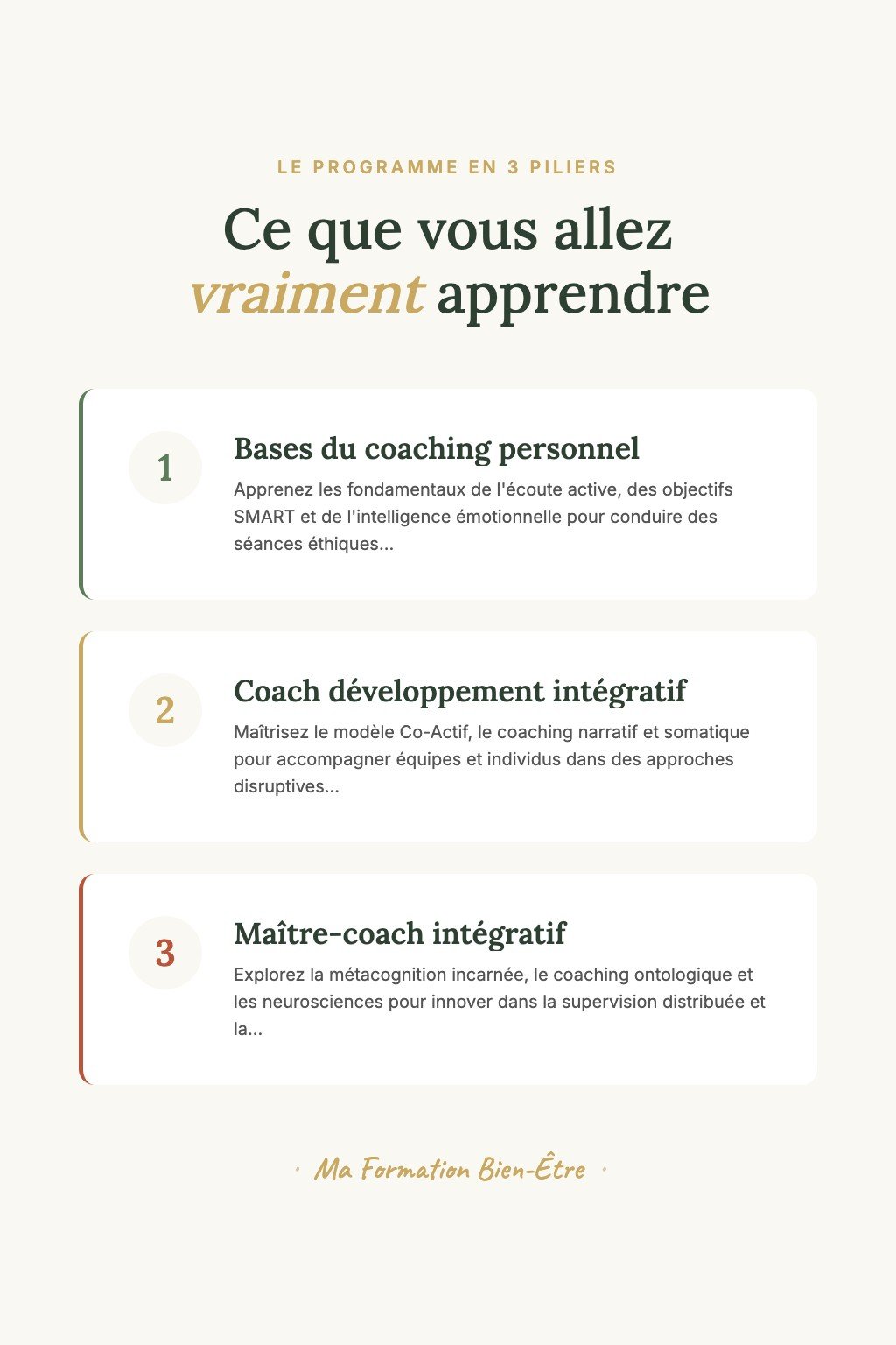 Les 3 piliers du programme · Coaching en Développement Personnel : De la Pratique Personnelle à la Maîtrise Professionnelle